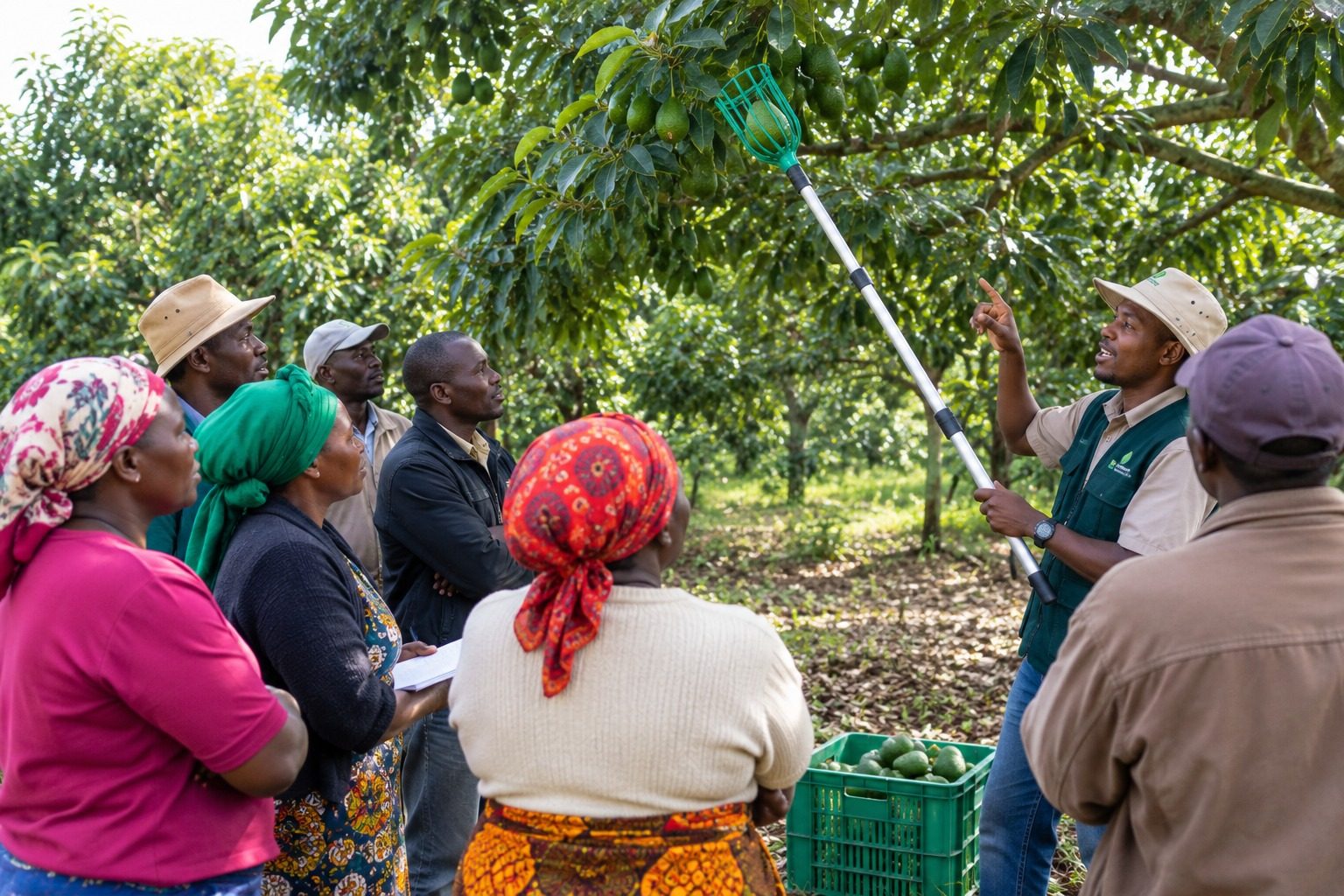 Field officer demonstrating correct avocado harvesting technique to farmers in an orchard