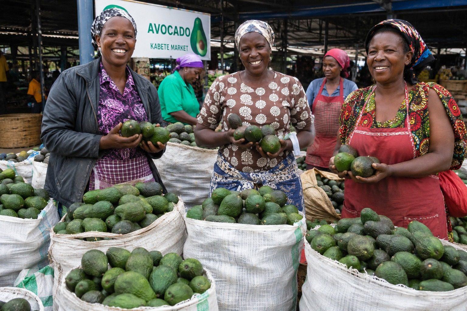 Women traders with sacks of graded avocados at Kabete market